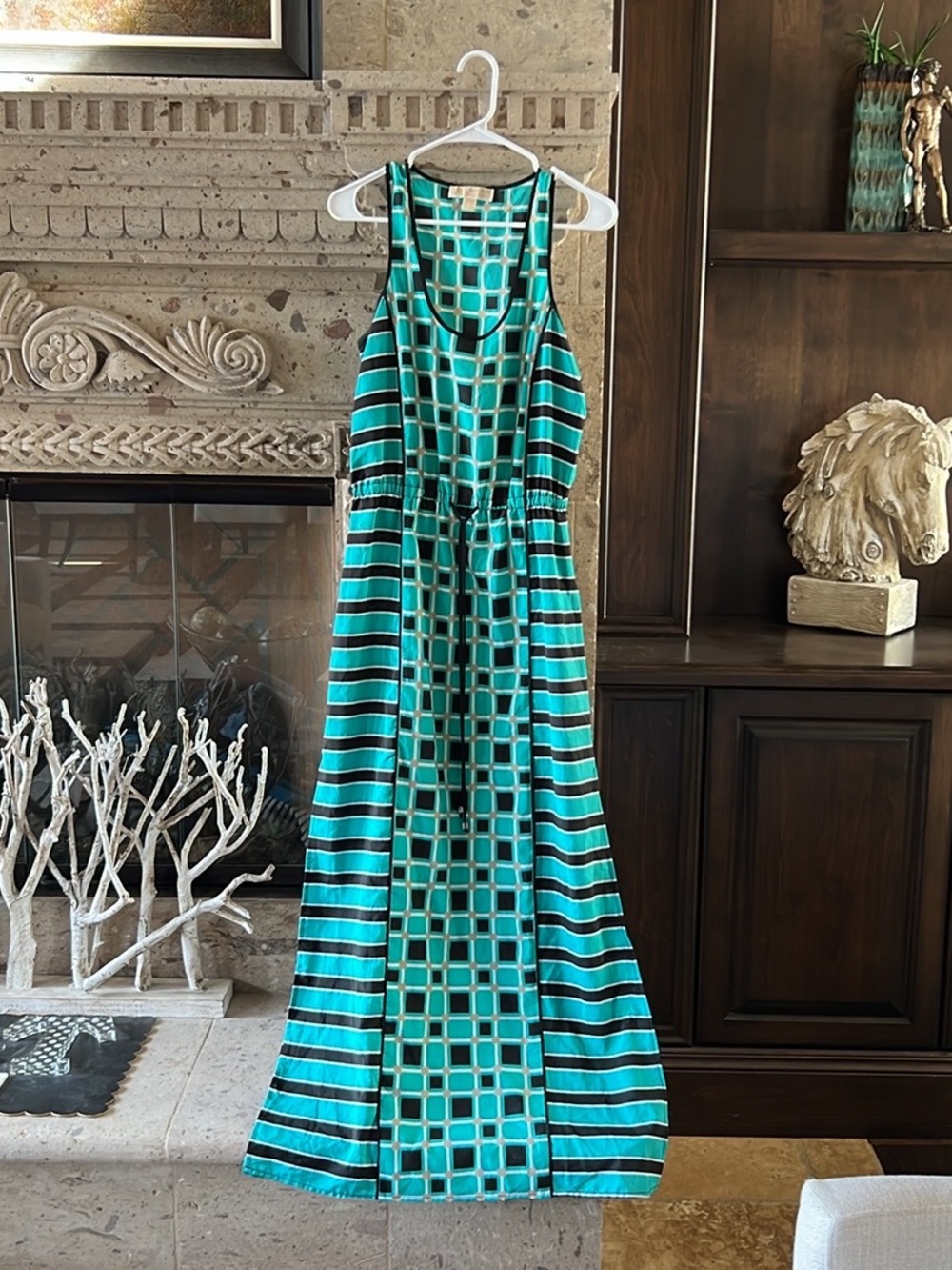 Michael Kors Teal & Black Geometric Striped Maxi Dress
